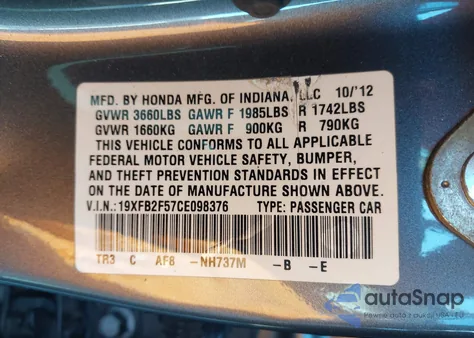 2012 Honda Civic Lx from USA, damaged, VIN 19XFB2F57CE098376